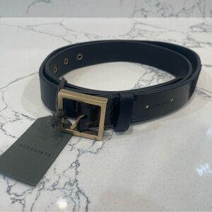 All Saints Black Leather Belt with Gold Buckle and fur accents